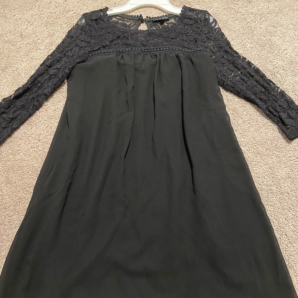 Black long sleeved midi dress with lace sleeves